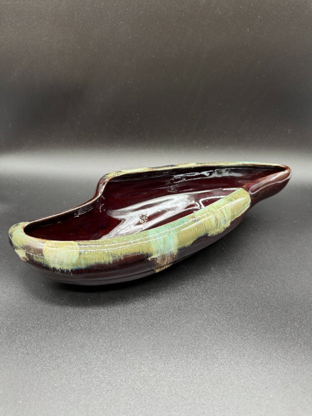Mid-Century Vintage Art Pottery Brown & Green Drip Planter or Dish JAPAN